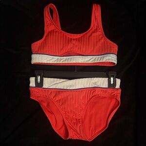 art class Red Ribbed Two-Piece Bikini with White Trim